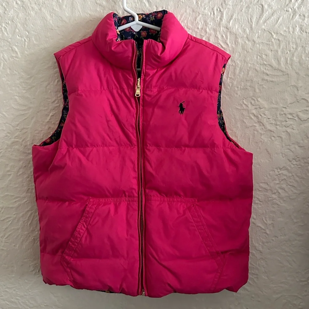 Ralph Lauren Kids Girls Reversible Down Feather Vest Pink Polo Blue Floral L 12